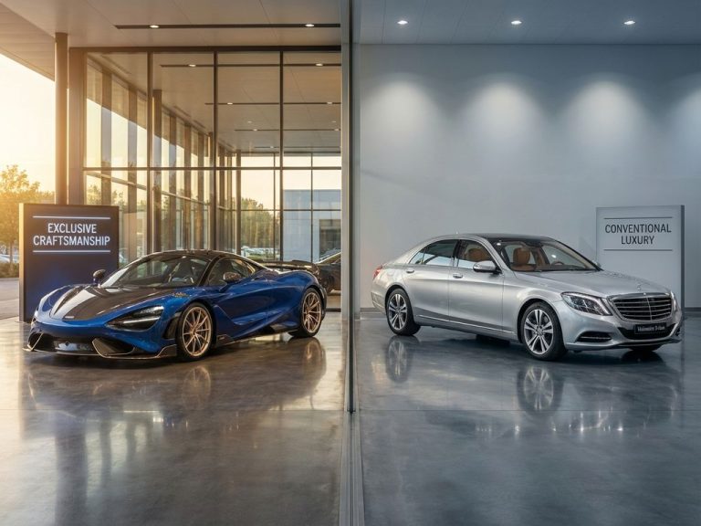 Luxe hypercar met carbon fiber details naast standaard sedan in exclusieve autoshowroom met gouden verlichting