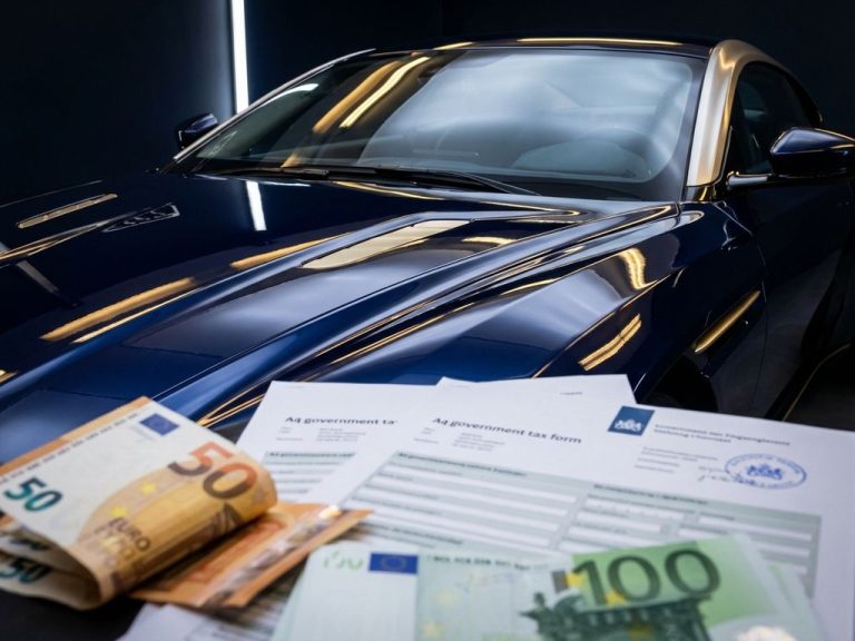 Glanzende metallic supercar motorkap met Nederlandse eurobiljetten en belastingdocumenten op voorgrond