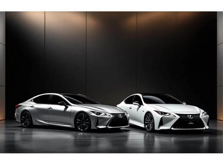 Luxe Lexus sedan en Toyota auto zij aan zij op donkere achtergrond met dramatische studiobelichting en metallic reflecties