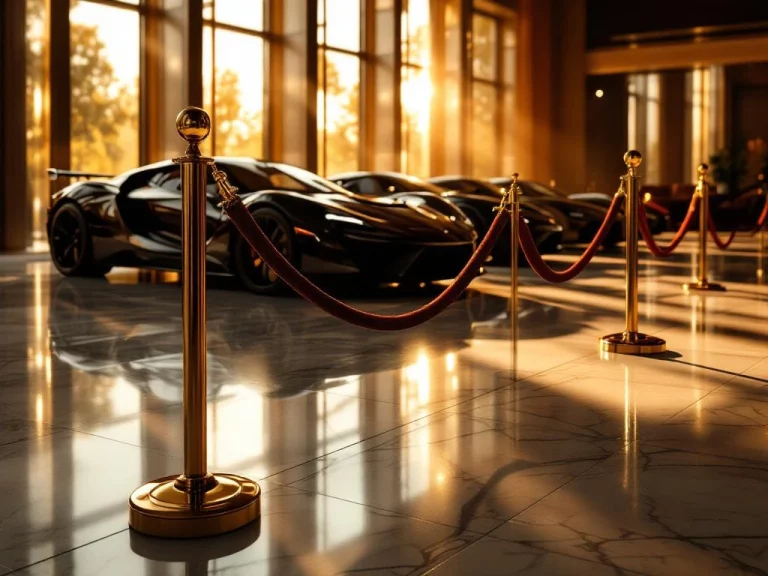 Luxe auto showroom met marmeren vloeren, fluwelen afzetkoord en silhouetten van supercars in dramatische verlichting