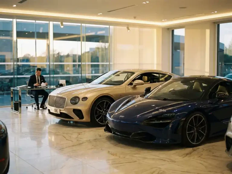Luxe autoshowroom met McLaren en Bentley op marmeren vloer, verkoopconsulent aan glazen bureau, gouden licht door ramen