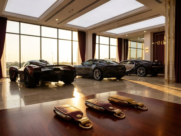 Luxe autosleutels op mahoniehout in premium autoshowroom met sportwagens en gouden zonlicht door ramen