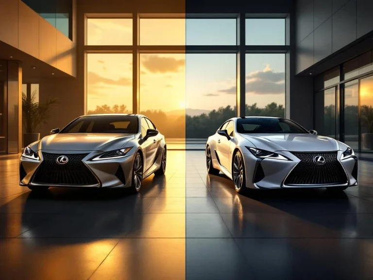 Luxe Toyota sedan in zilver en Lexus in parelwit in moderne showroom met dramatische verlichting