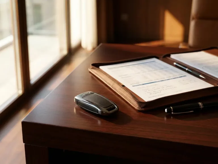 Luxe sportwagentsleutel op gepolijst mahoniehout bureau naast open leren portfolio met financiële documenten en Mont Blanc pen