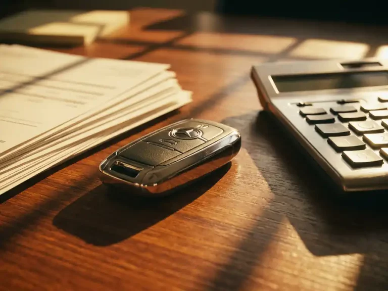 Luxe sportwagen sleutel met chromen details op mahoniehouden bureau naast financiële documenten en rekenmachine in warm zonlicht