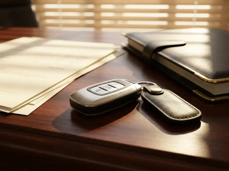 Luxe sportwagen sleutel met leren fob op mahoniehout bureau naast financiële documenten en leren portfolio in gouden licht