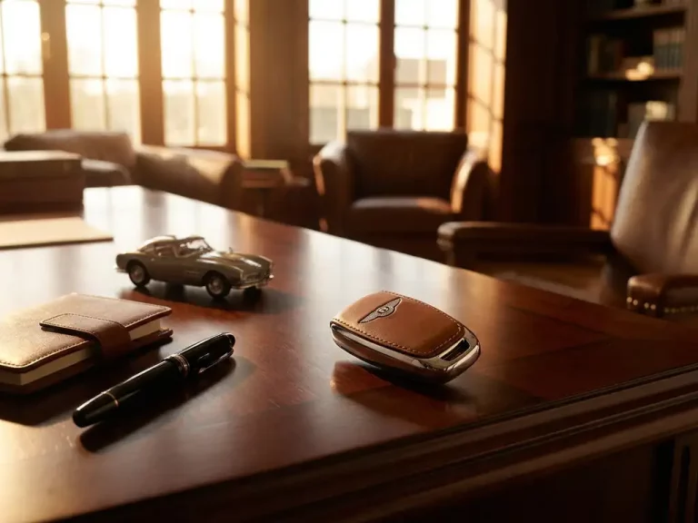 Luxe autosleutel op mahoniehouten bureau naast miniatuur auto, leren portfolio en pen in warm gouden licht