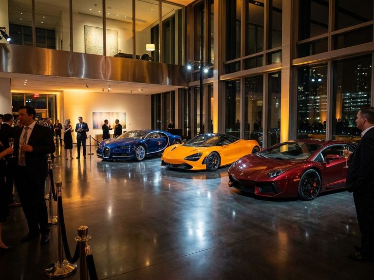 Luxe sportwagens en supercars in premium autoshow met dramatische verlichting en glanzende vloeren