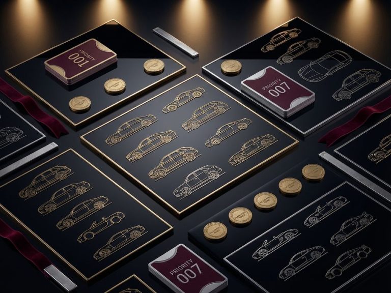 Bovenaanzicht van luxe auto-allocatiesysteem met gouden tokens en genummerde prioriteitskaarten op zwarte ondergrond