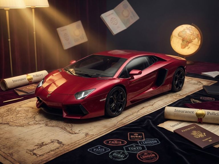 Rode supercar op wereldkaart met verzekeringsdocumenten en paspoort, gouden verlichting benadrukt luxe auto-insurance