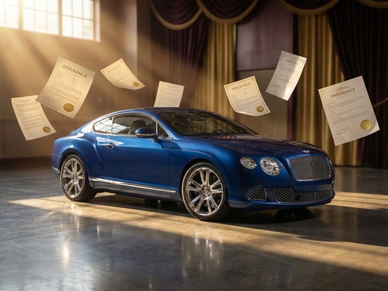 Luxe blauwe sportwagen met chromen accenten op gepolijste betonvloer, omringd door zwevende verzekeringspapieren