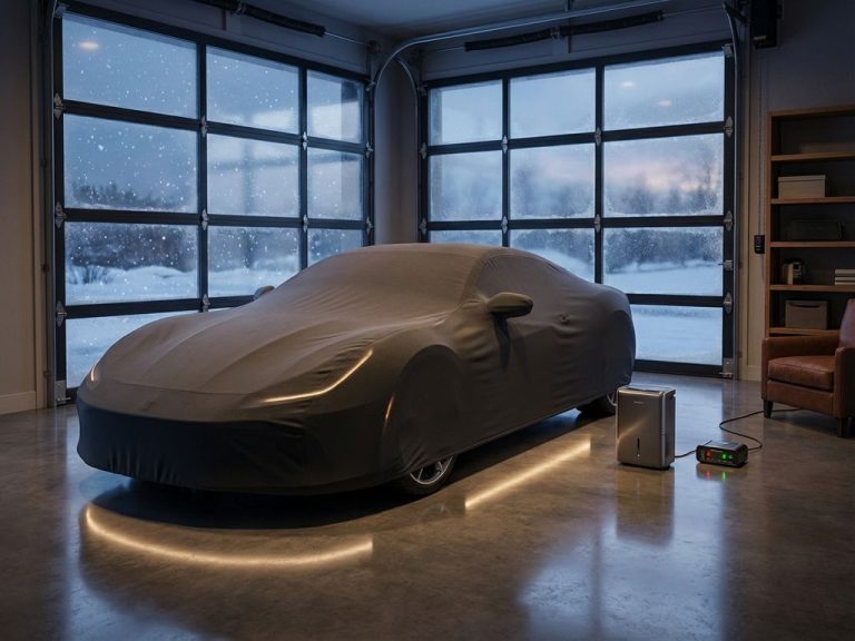 Luxe sportwagen met beschermhoes in verwarmde garage tijdens winter, met sneeuw buiten en premium opslag accessoires