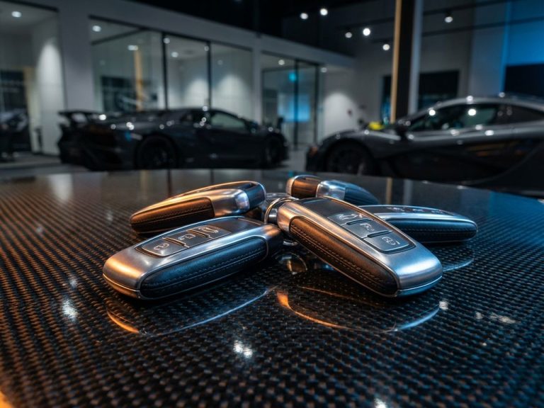Luxe autosleutels met metalen afwerking op koolstofvezel oppervlak in exclusieve showroom met sportwagens op achtergrond