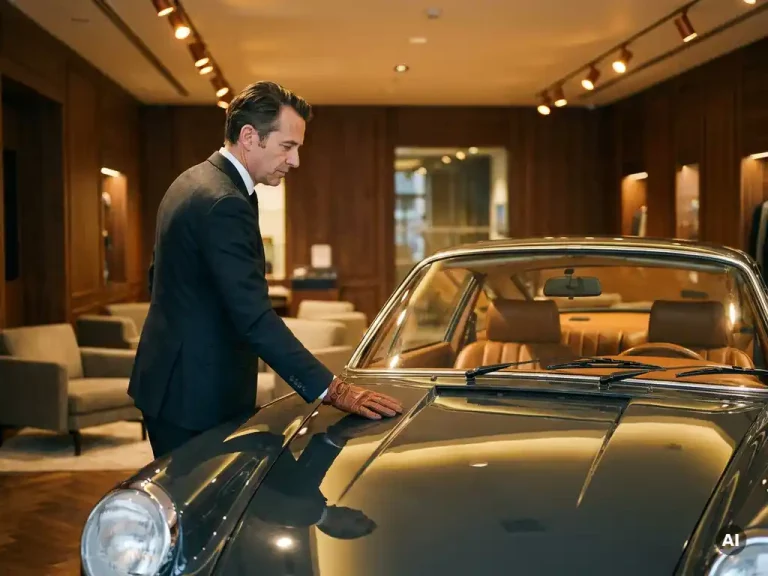 Autospecialist in maatpak inspecteert klassieke Porsche 911 in luxe showroom, gehandschoende hand op de motorkap, warm amberkleurig licht.