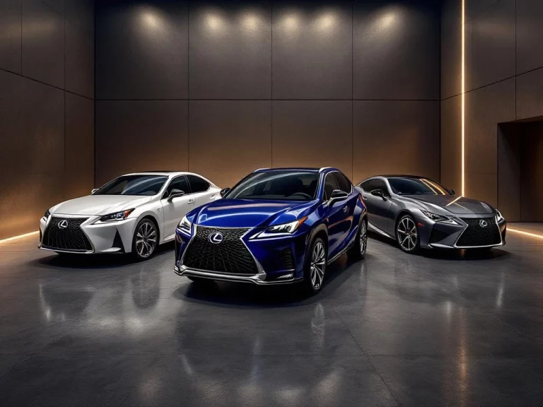Drie premium Lexus auto's in moderne showroom: witte sedan, blauwe SUV en grijze coupé met dramatische verlichting