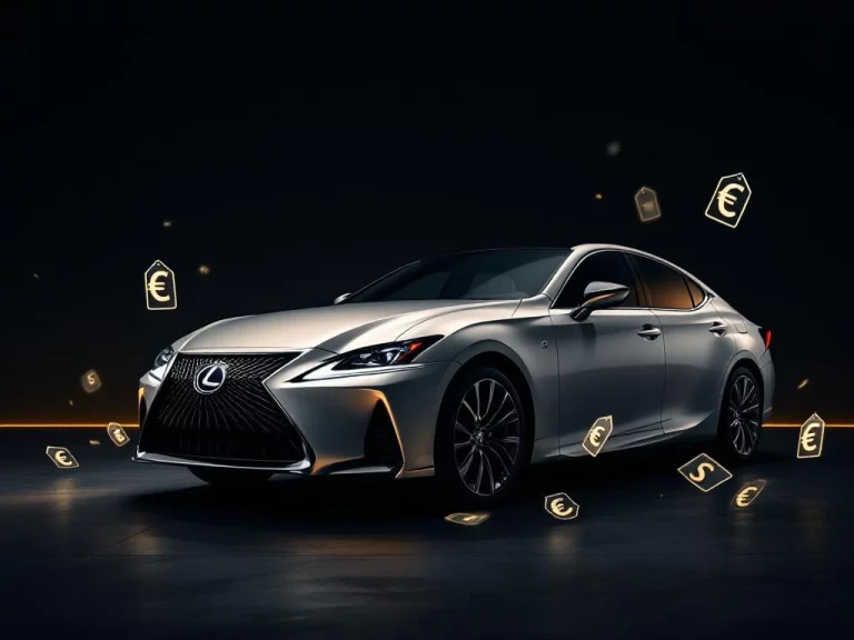 Luxe zilveren Lexus sedan met LED-koplampen en spindel-grille, omringd door zwevende euro-prijslabels op donkere achtergrond