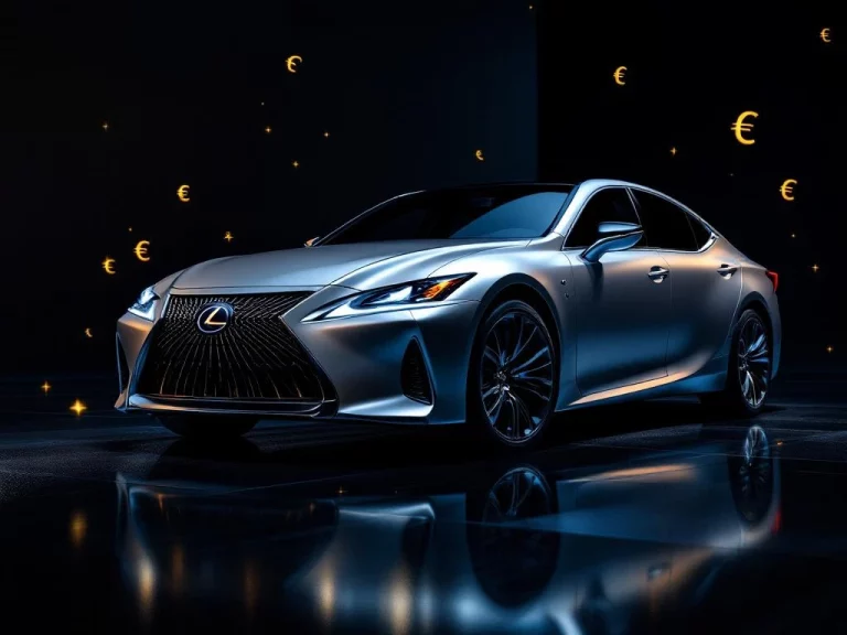 Zilveren Lexus luxe sedan in dramatische studio-opname met LED-koplampen, spindel-grille en prijssymbolen