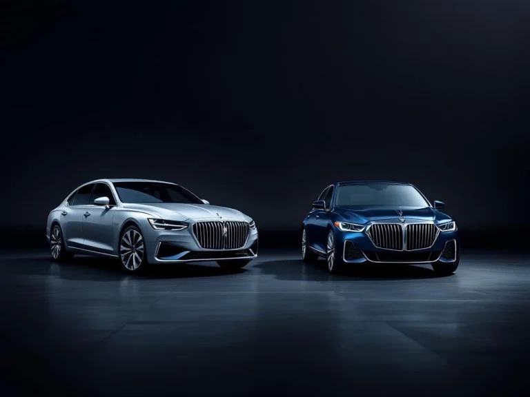 Twee luxe sedans in studioverlichting: zilveren auto met spindel-grille links, donkerblauwe sedan rechts