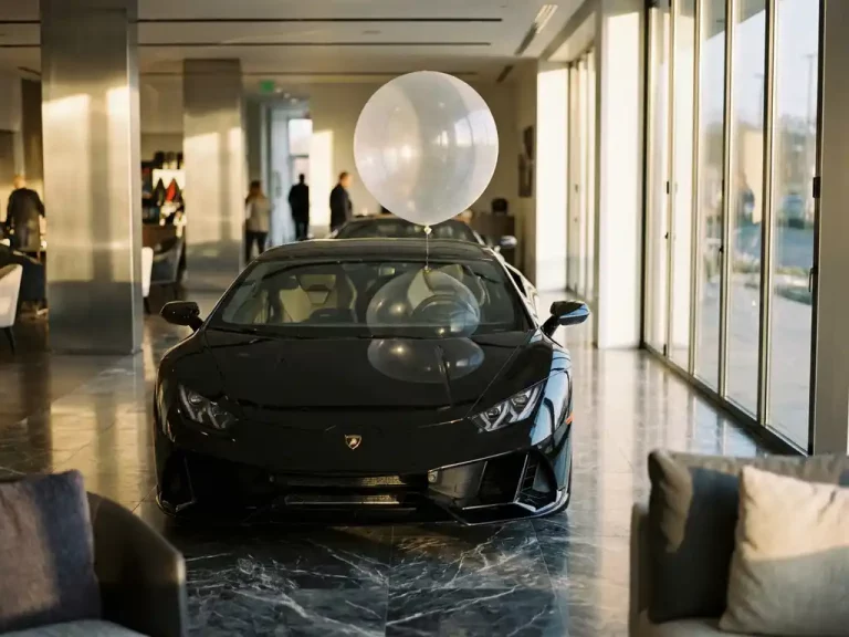 Zwarte luxe sportwagen op marmeren vloer met transparante ballon erboven in elegante showroom met natuurlijk licht