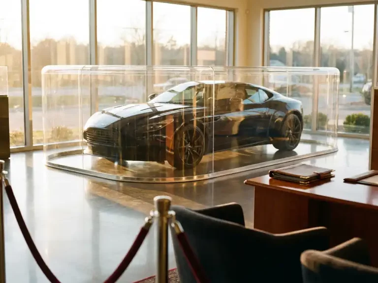 Luxe sportwagen onder transparante beschermhoes in exclusieve showroom met gouden licht en leren garantiedocument op bureau