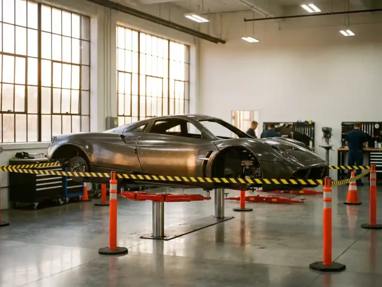 Onafgewerkt luxe sportwagen chassis op hydraulische liften in witte autofabriek met koolstofvezel carrosserie