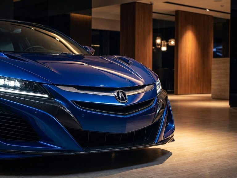 Luxe sportwagen vooraanzicht met glanzende metallic lak en carbon fiber details in premium showroom