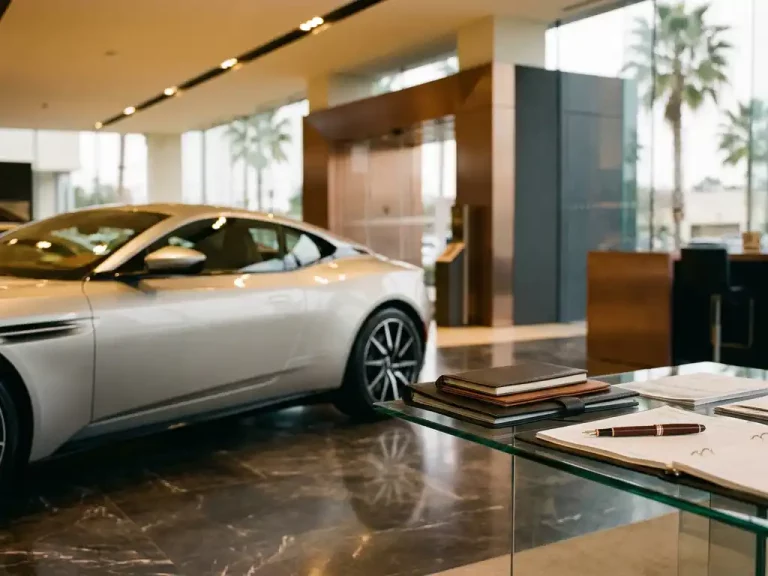 Zilveren luxe sportwagen in glanzende showroom met financiële documenten en vulpen op glazen bureau