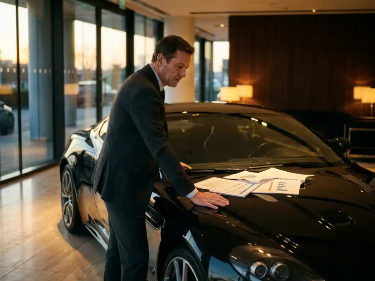 Zwarte luxe sportwagen op marmeren showroomvloer met zakenman in pak die financiële documenten bestudeert op de motorkap