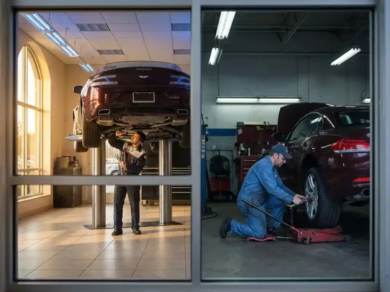 Luxe sportwagen op hydraulische lift in dealergarage tegenover identiek model op garagekrik in onafhankelijke werkplaats