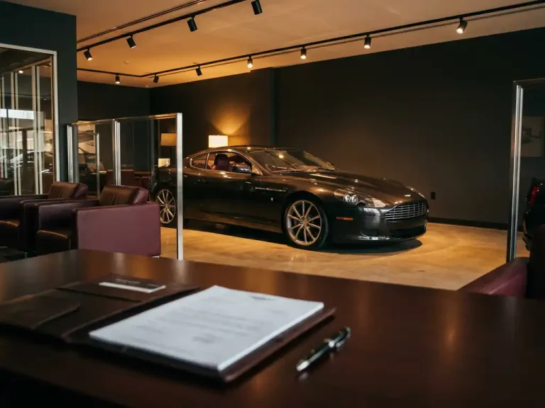Luxe sportwagen in elegante showroom met warme spotverlichting, garantiedocumenten en pen op mahoniehout bureau