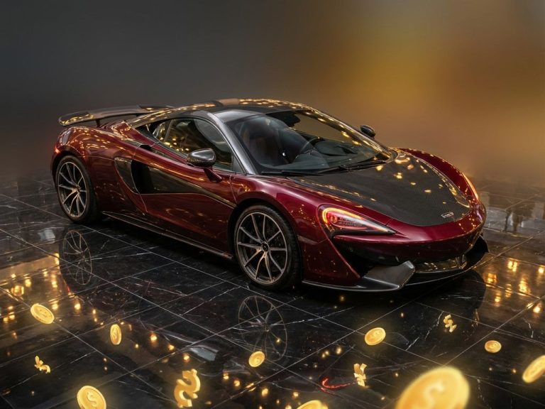 Luxe bordeauxrode supercar met koolstofvezel op marmeren vloer, omringd door gouden munten en warme verlichting