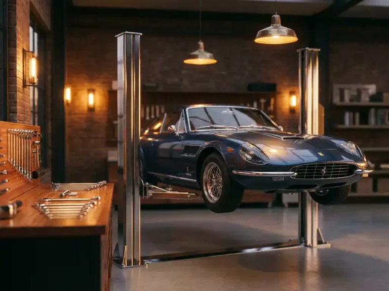 Luxe sportwagen op hydraulische lift in professionele garage met chromen gereedschap op gepolijste werkbank