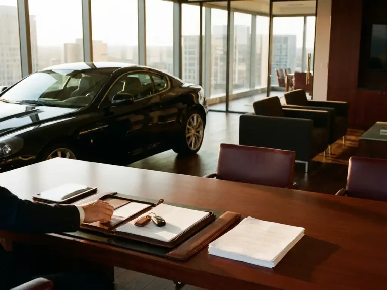Zwarte luxe sportwagen in modern kantoor met leren portfolio en financiële documenten op mahonie bureau, zakenman pakt autosleutels