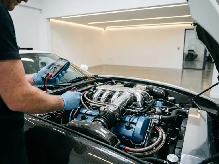 Luxe sportwagen motor met chromen onderdelen en carbon fiber details wordt geïnspecteerd door gehandschoende handen met diagnostische gereedschappen