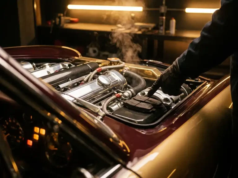 Luxe sportwagen motorruimte met gloeiende waarschuwingslampjes, stoom uit radiator en monteur die versleten remblokken aanwijst