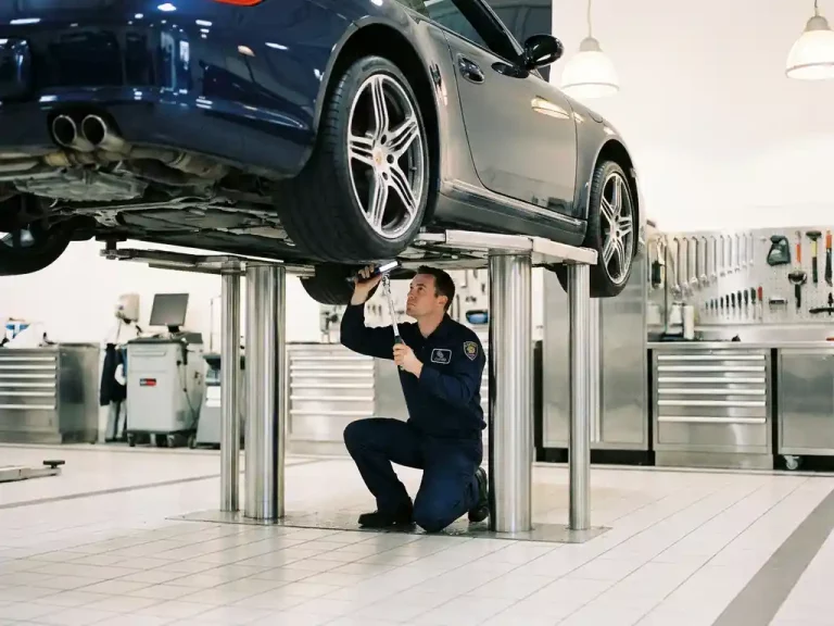 Luxe sportwagen op hydraulische lift in dealergarage terwijl gecertificeerde monteur het onderstel inspecteert met professionele gereedschappen