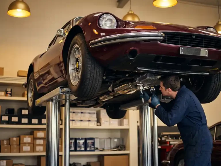 Luxe sportwagen op hydraulische lift met monteur die motor onderdelen inspecteert in professionele werkplaats