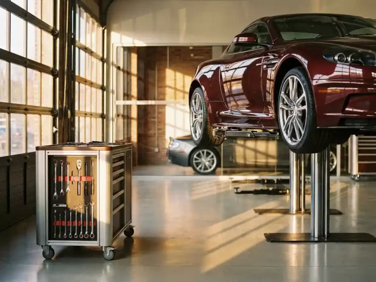 Luxe sportwagen op professionele hefbrug in hoogwaardige servicewerkplaats met glanzende gereedschappen en warm licht