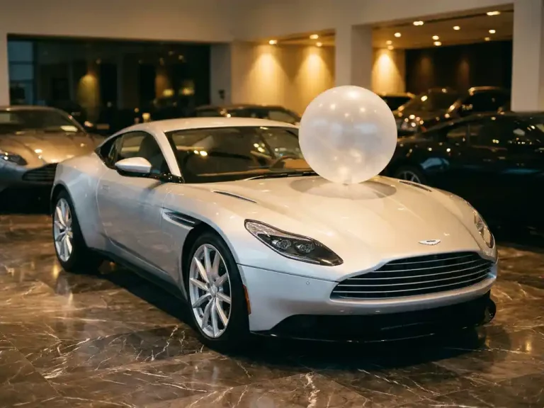 Zilverkleurige luxe sportwagen met transparante ballon op motorkap in elegante showroom met marmeren vloer