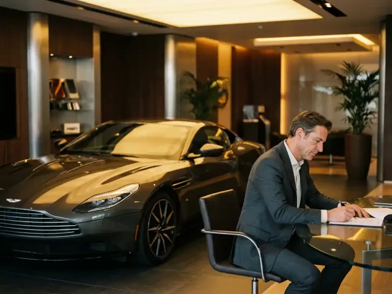 Luxe sportwagen met glanzende metallic lak in premium autoshowroom, professionele consultant in pak bestudeert documenten aan glazen bureau
