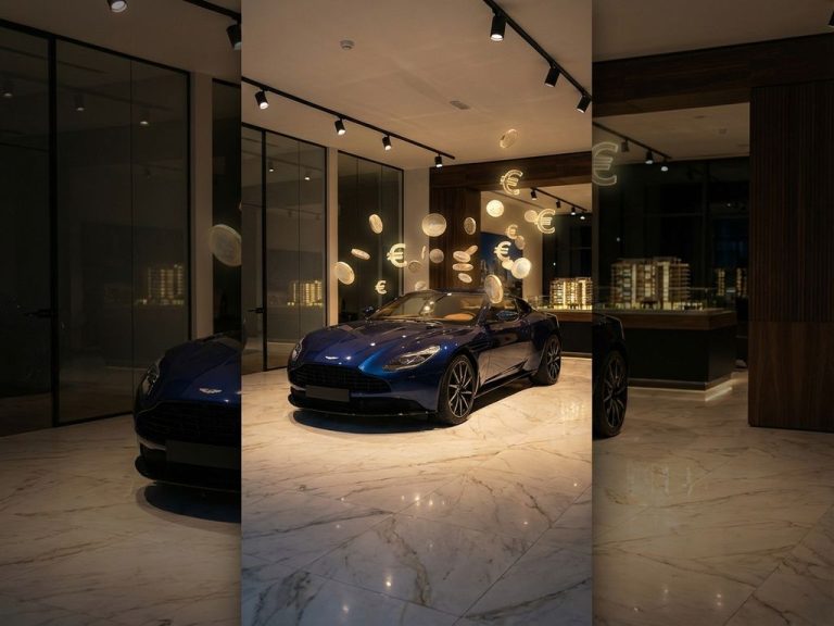 Luxe blauwe sportwagen in premium showroom met zwevende euro-symbolen en gouden munten op marmeren vloer