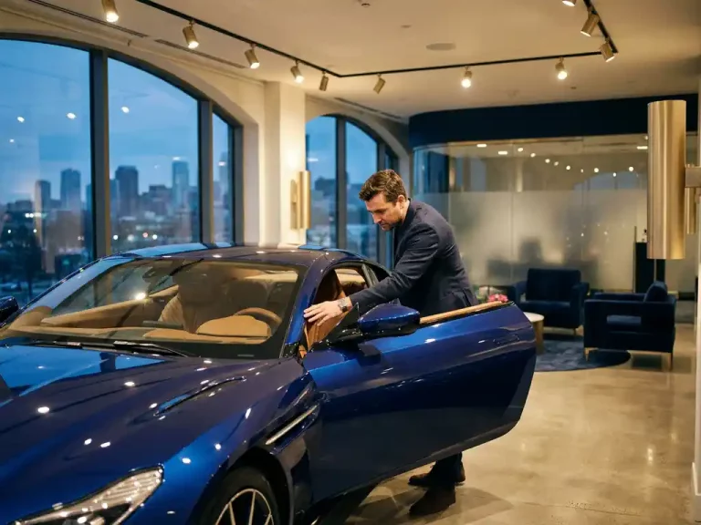 Luxe sportwagen in moderne showroom terwijl klant het lederen interieur inspecteert onder warme spotverlichting
