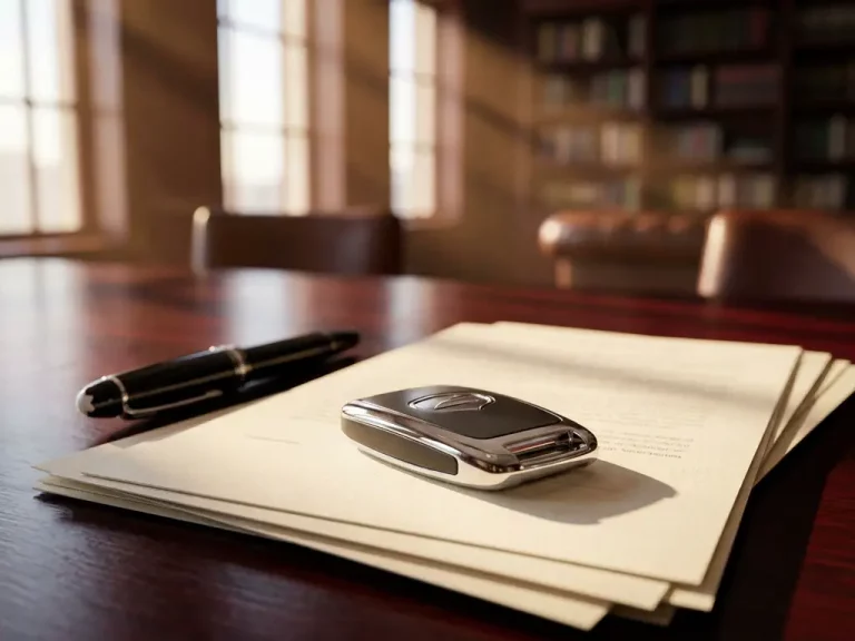 Luxe sportwagenleutel met embleem op juridische documenten naast Mont Blanc vulpen op mahonie bureau in gouden zonlicht