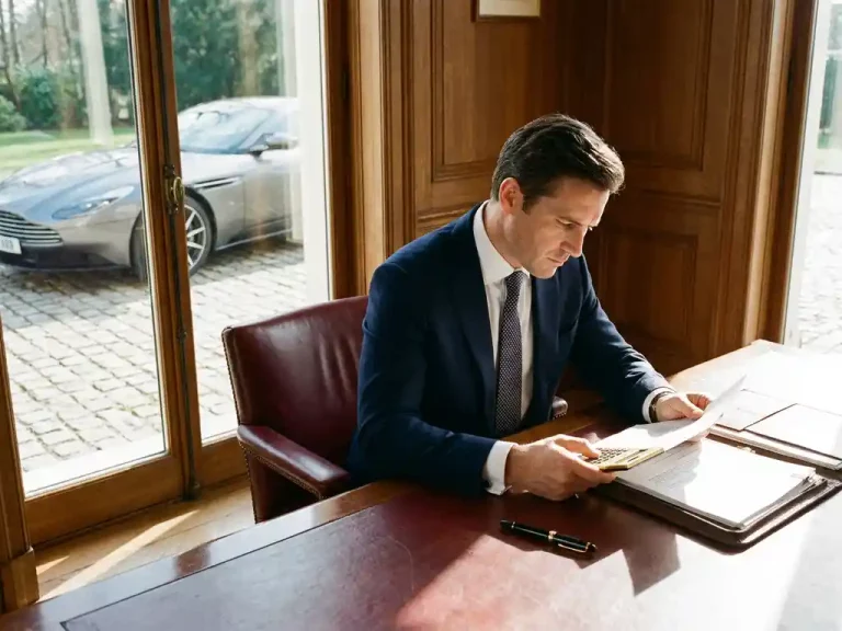 Zakenman in pak bestudeert financiële documenten aan mahonie bureau naast zilveren sportwagen bij raam