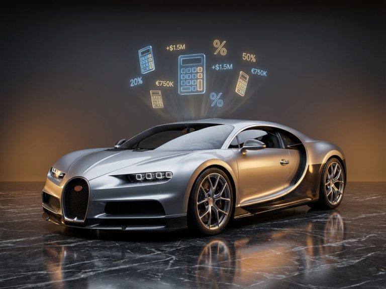 Luxe zilveren sportwagen op marmeren oppervlak met holografische calculator-symbolen en waarde-indicatoren