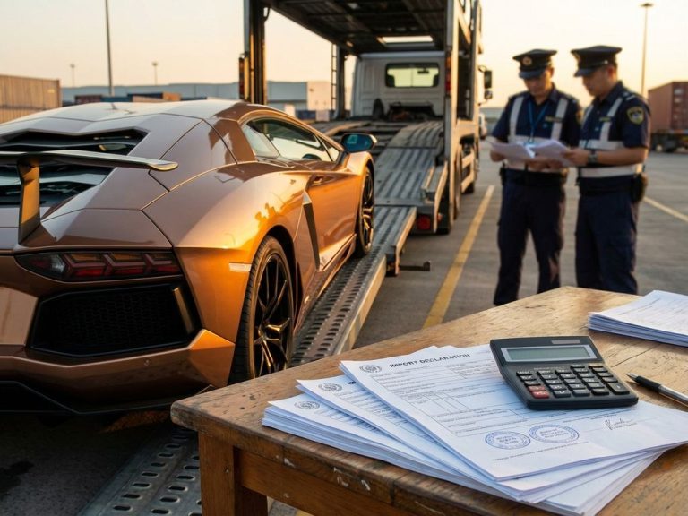Luxe superauto wordt uitgeladen van vrachtwagen bij douanefaciliteit met importdocumenten en beambten op achtergrond