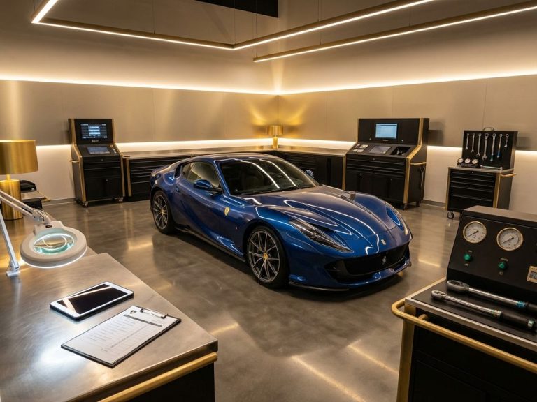 Luxe sportwagen in professionele inspectie garage met diagnostische apparatuur en gereedschap onder LED verlichting