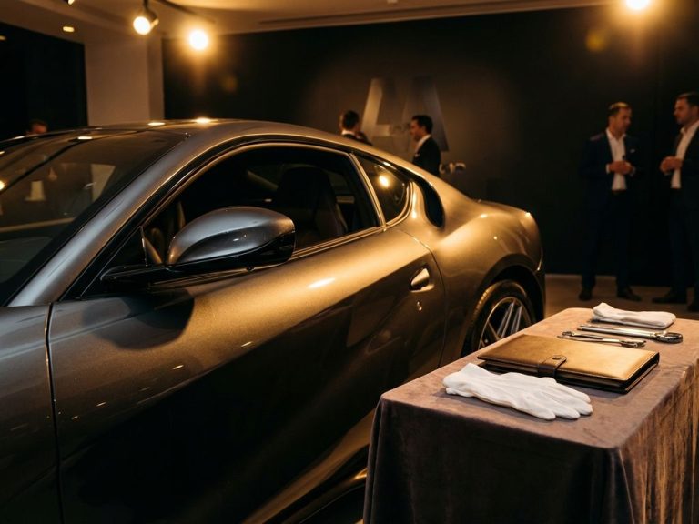 Luxe metallic sportwagen in showroom met dramatische verlichting, witte handschoenen en premium documentatie