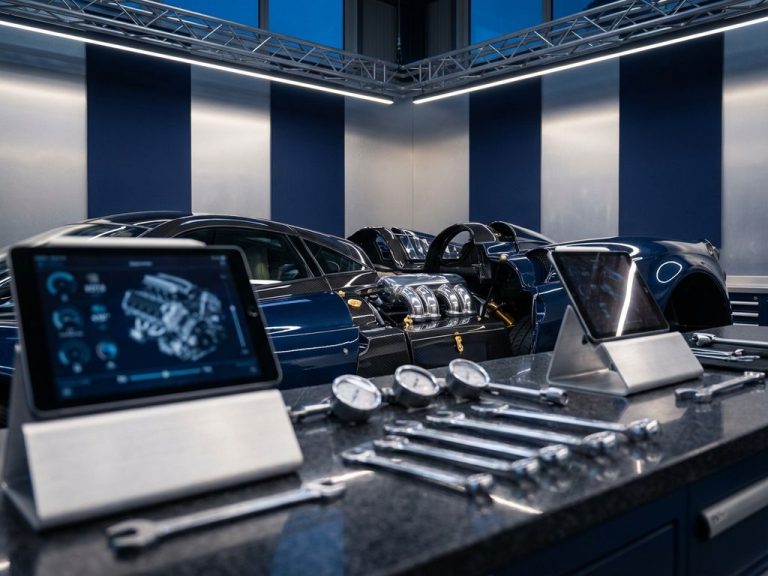 Luxe supercar motorruimte met chromen onderdelen en professionele gereedschappen in premium autowerkplaats