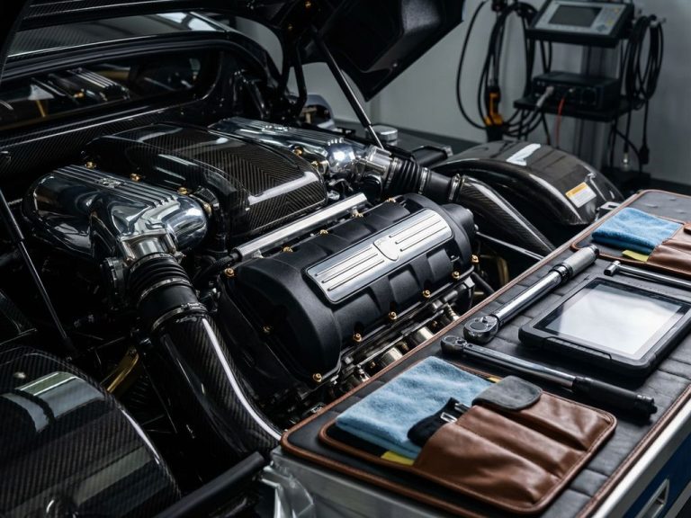 Luxe supercar motorruimte met glanzende chroom en carbon fiber onderdelen, professionele gereedschappen en dramatische verlichting